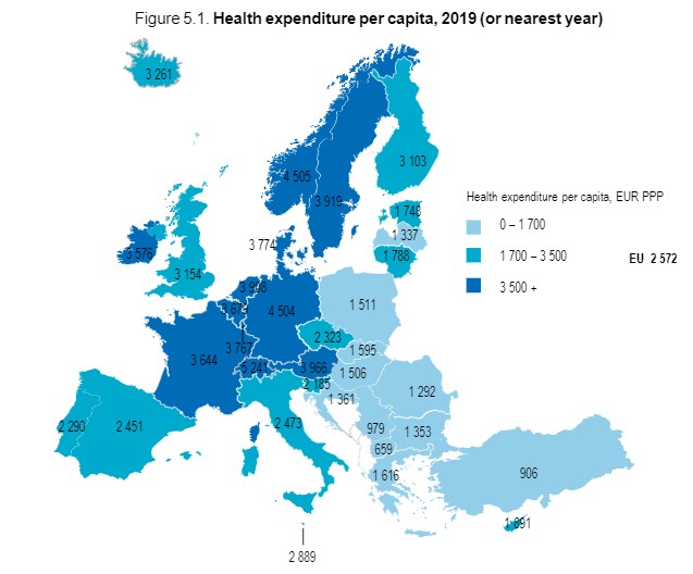 Pieniądze przeznaczane rocznie na ochronę zdrowia w przeliczeniu na mieszkańca. Źródło: Raport OECD "Health at glance 2020"