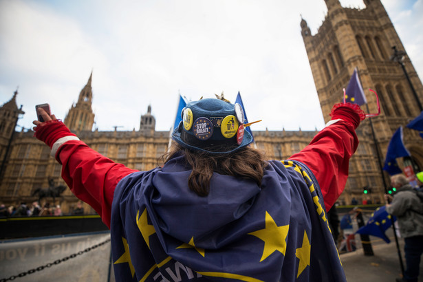Kobieta protestuje przeciw brexitowi w Londynie