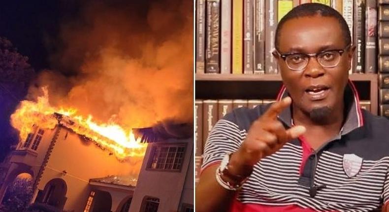 A collage photo of Mutahi Ngunyi and his house on fire