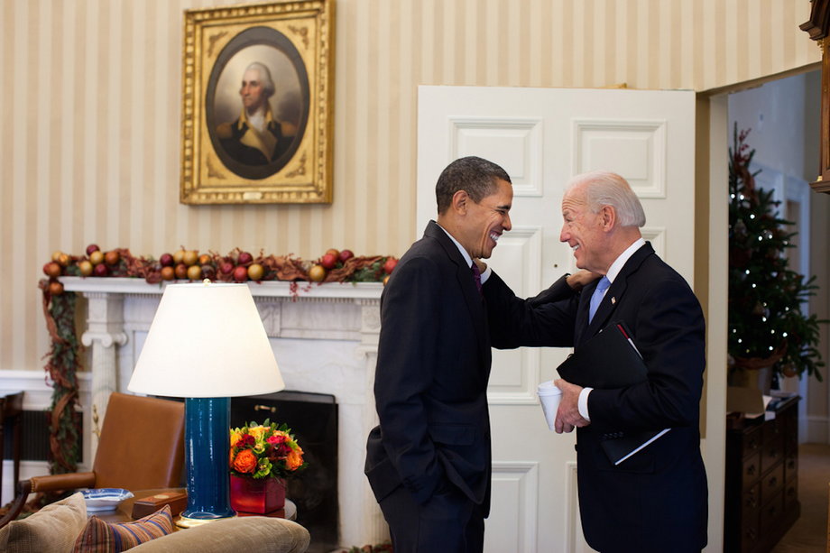 Obama jokes with Biden in the Oval Office, Dec. 21, 2010.