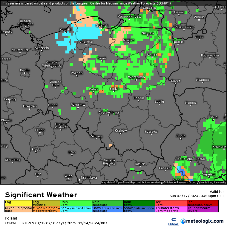 Koniec tygodnia przyniesie opady, im dalej na północ, tym częste. Może padać również deszcz ze śniegiem (kolor pomarańczowy) i śnieg (kolor niebieski)