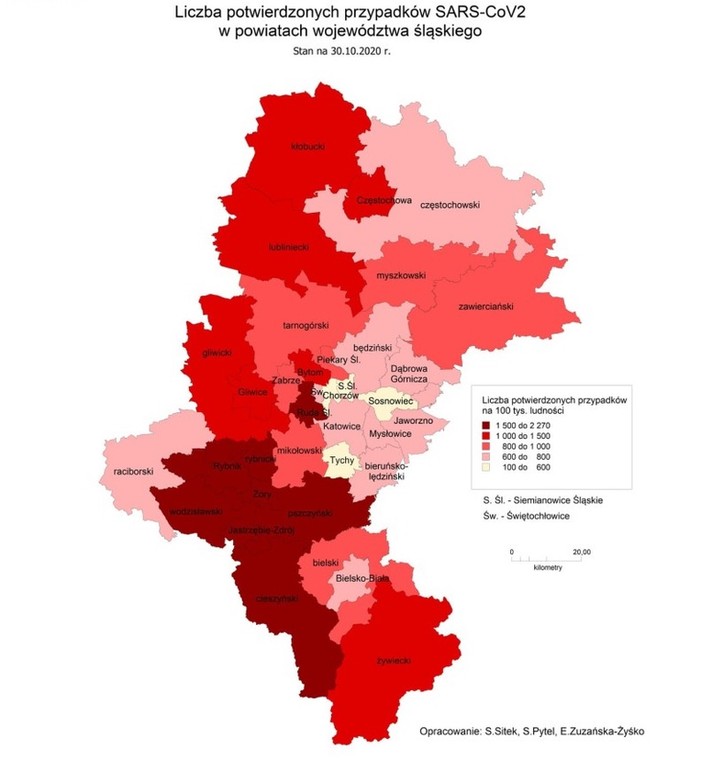 Liczba potwierdzonych zakażeń koronawirusem na 100 tys. mieszkańców w powiatach woj. śląskiego