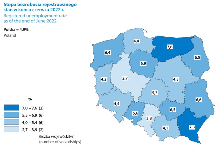 Bezrobocie w poszczególnych województwach w czerwcu 2022 r.