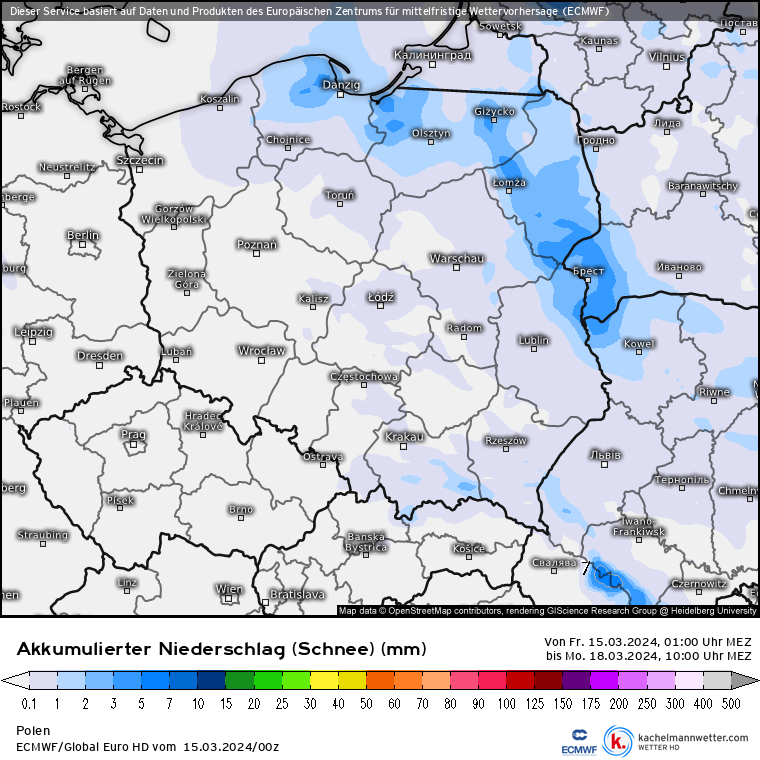 Prognoza zasięgu opadów śniegu w kolejnych dniach