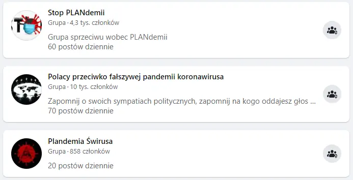 Przykłady facebookowych grup zrzeszających plandemistów