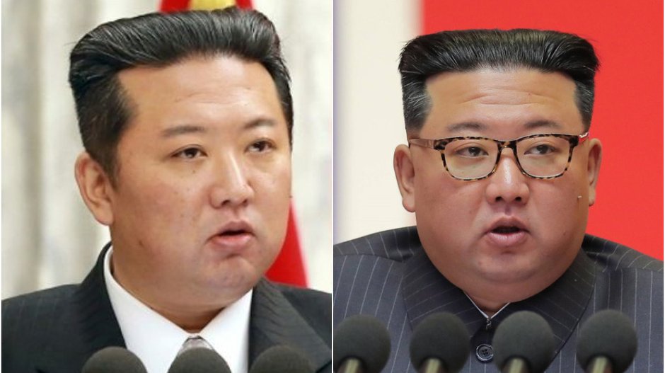 Kim Jong-un podczas plenarnego posiedzenia partii 28 grudnia 2021 r. (po lewej) oraz zdjęcie wykonane podczas posiedzenia Rady Biura Politycznego (wrzesień 2022 r.)