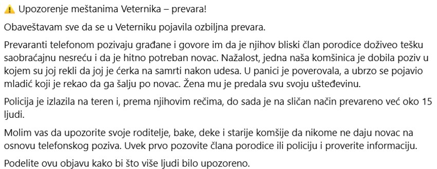 Objava na Fejsbuk grupi "Novosađanke"