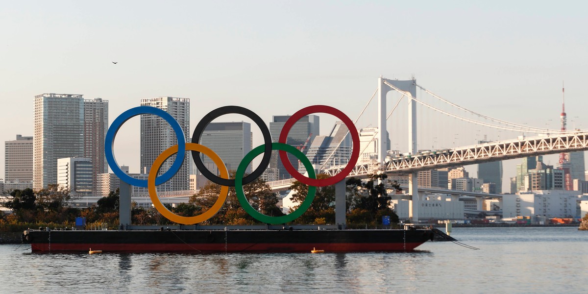 Olympic rings are reinstalled at Tokyo's waterfront Odaiba Marine Park