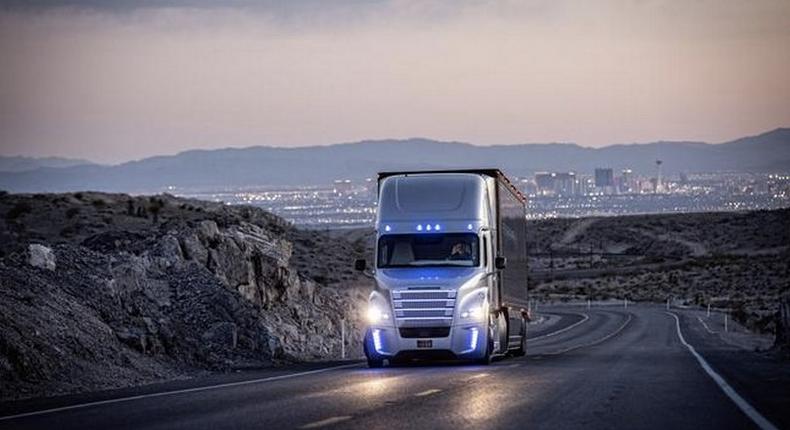 Daimler, the parent company of Mercedes, tests its autonomous big-rig on a highway.