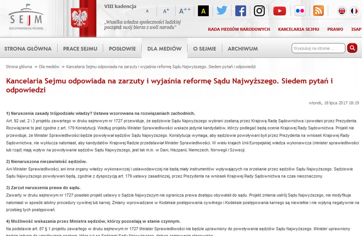 Publikacja na stronie internetowej Kancelarii Sejmu