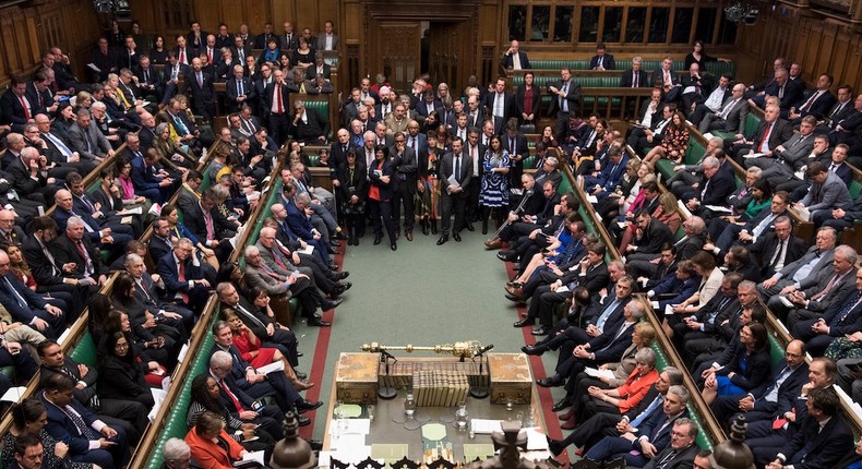 Members of the UK parliament before a vote on the prime minister's proposed Brexit deal, 12 March, 2019.