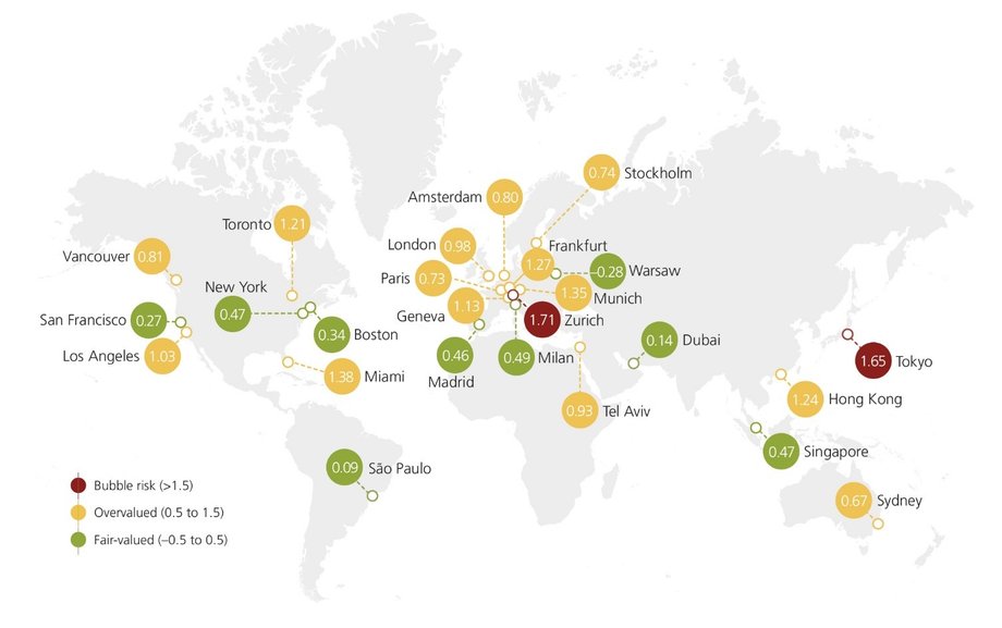Mapa przeszacowania cen mieszkań w 25 centrach finansowych świata