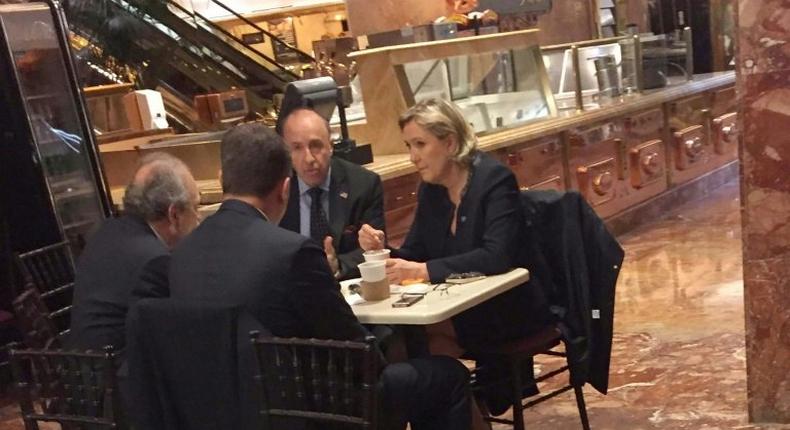 Far-right French presidential candidate Marine Le Pen (R) is spotted at Donald Trump's New York headquarters building on January 12, 2017 having coffee at Trump Ice Cream Parlor on the ground floor of Trump Tower