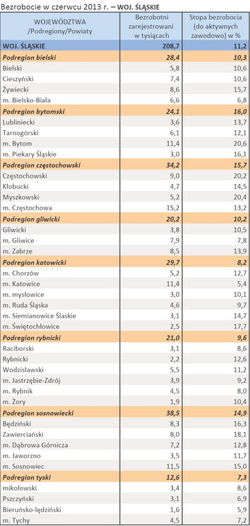 Bezrobocie w czerwcu 2013 r. – WOJ. ŚLĄSKIE