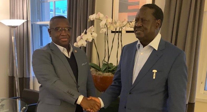 Former PM Raila Odinga with Sierra Leone President Julius Maada Bio in UK. Odinga also visited Bomet Governor Joyce Laboso in hospital