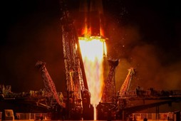 The Soyuz MS-05 spacecraft carrying the crew of Nespoli of Italy, Ryazanskiy of Russia and Bresnik of the U.S. blasts off to the International Space Station (ISS) from the launchpad at the Baikonur Cosmodrome