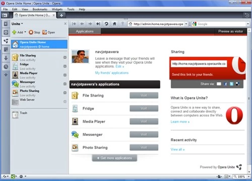 Opera Unite umożliwia między innymi prostą wymianę plików, zdjęć czy muzyki. Umożliwia również zamianę naszego komputera w serwer własnej strony WWW
