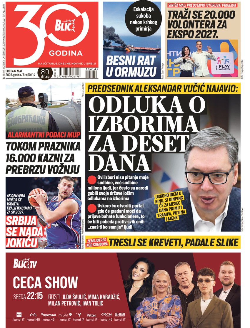 Blic naslovna strana za 6.5.