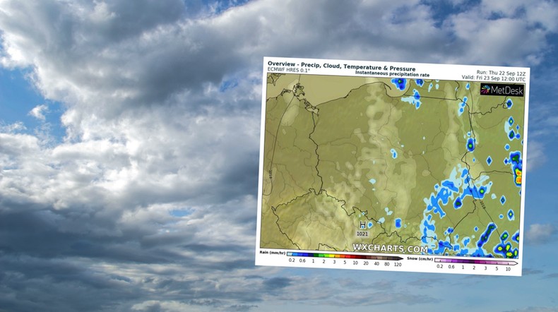 W piątek dobra pogoda zacznie przeważać w Polsce (mapa: wxcharts.com)