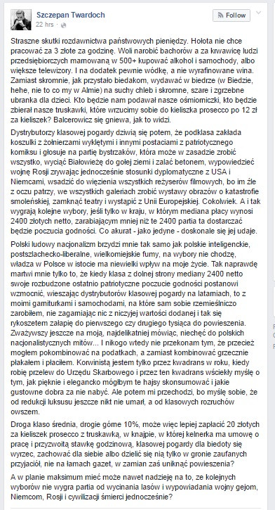 Wpis Szczepana Twardocha na Facebooku