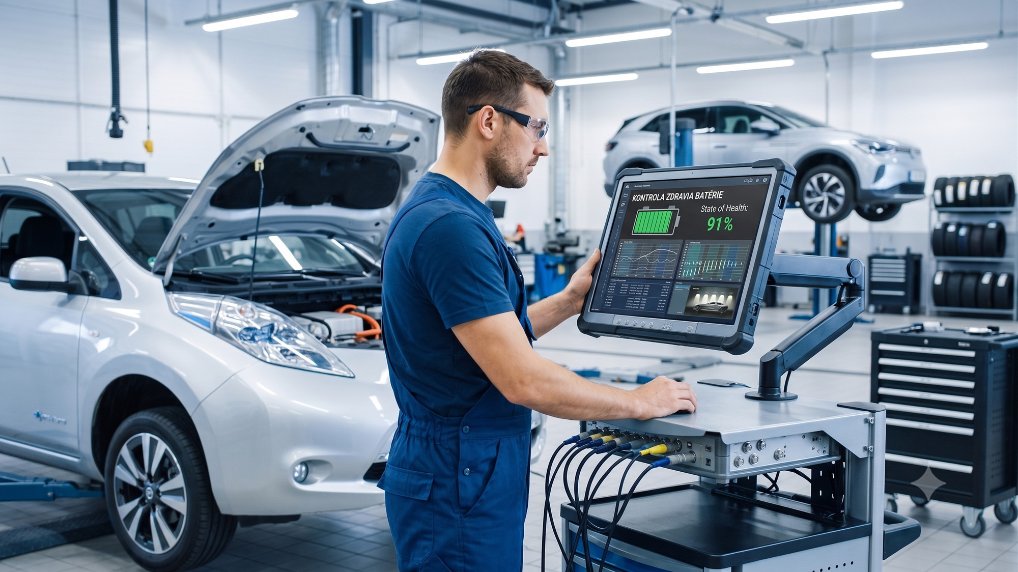 Diagnostický prístroj pripojený k elektromobilu v servise – kontrola State of Health batérie je prvá vec, ktorú treba urobiť pred kúpou jazdeného EV. 
