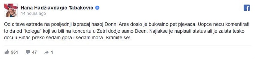 Hanina objava na fejsbuku