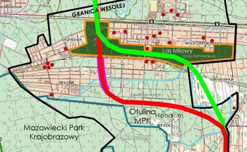 Wschodnia Obwodnica Warszawy - dwa warianty przebiegu trasy przez Wesołą