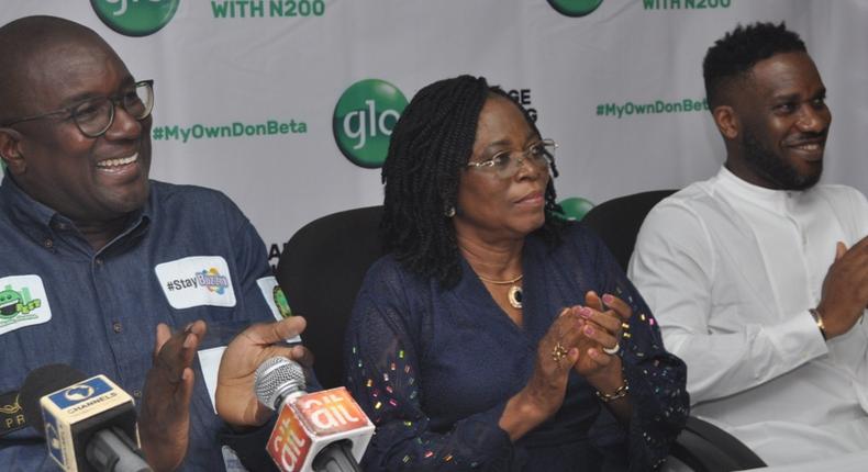 My Own Don Beta: L-R: Globacom’s Retail and Consumer Sales Chief, David Maji; Director, Consumer Affairs, Nigerian Communications Commission, Mrs Felicia Onwuegbuchulam; and Ex-International, Austin Jay Jay Okocha, at the launch of Globacom’s “Recharge and Win Big (My Own Don Beta) promo in Lagos on Thursday. (Glo) 