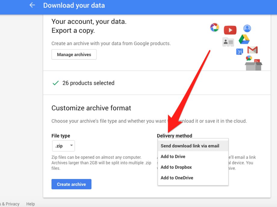 Select your file type. We recommend the default, .zip, since Windows and Macs can typically open those files without problems, and select your delivery method. You might want to save it to Drive if you have the space. Google warns that archives that are emailed may take hours or days to compile. You'll have to be patient. It still took two hours when using Drive. Google will email you when it's done.