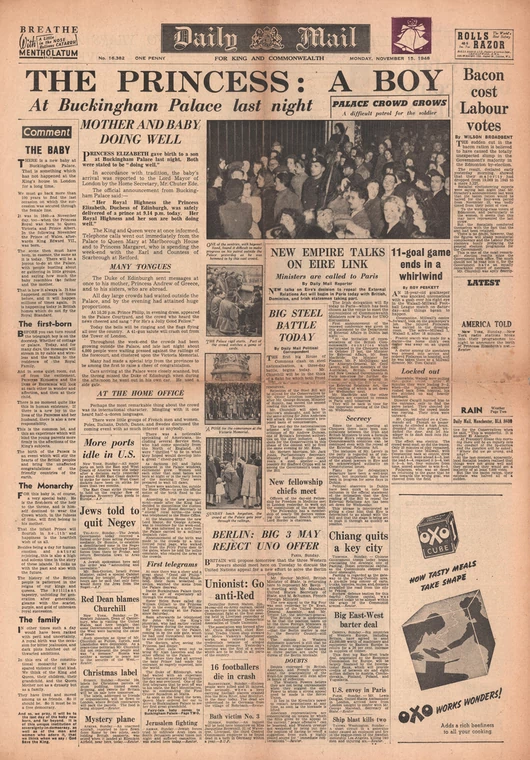 Okładka "Daily Mail" informująca o narodzinach księcia Karola w 1948 r.