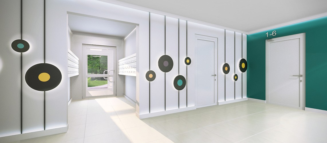 Ekolan wcześniej zrealizował inny ciekawy projekt – muzycznego osiedla Audiopolis. Gdzie cztery budynki noszą nazwy pochodzące od gatunków muzycznych (Blues, Rock, Soul i Jazz), a w ich wykonaniu wyraźnie widać nawiązanie do danego stylu. Na zdjęciu: Osiedle Audiopolis w Gdańsku