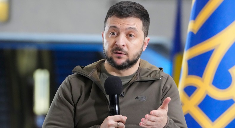 Ukrainian President Volodymyr Zelenskyy answers media questions during a press conference in a city subway under a central square in Kyiv, Ukraine, Saturday, Apr. 23,