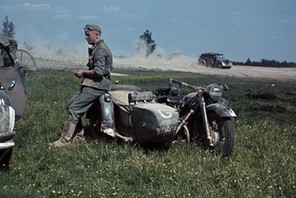 German BMW R75 Motorbike with sidecar, Military Messengers, Kradmelder, 3rd Panzer Division. Beresin