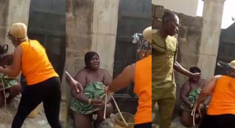 Wife flogs another woman she caught sleeping with husband, using her cloth as wrapper (video)