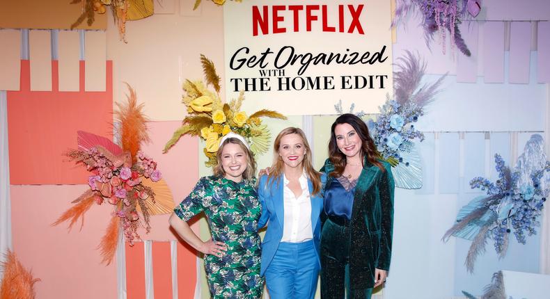The Home Edit cofounders with Reese Witherspoon celebrating the Get Organized season-two premiere in March.
