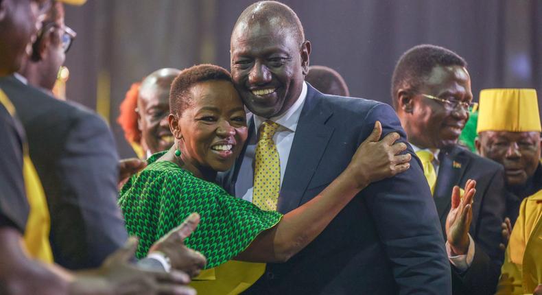 Deputy President  William Ruto and his wife Rachel Ruto during the launch of Kenya Kwanza Manifesto at Kasarani Stadium. 