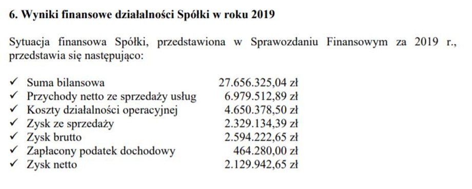 Fragment sprawozdania z działalności spółki Srebrna Sp. z o. o. w 2019r.