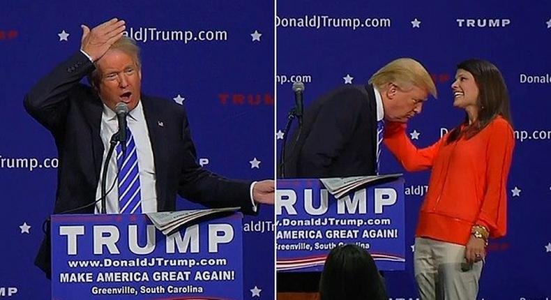 Mr Trump invited a woman from the audience to help him inspect his hair