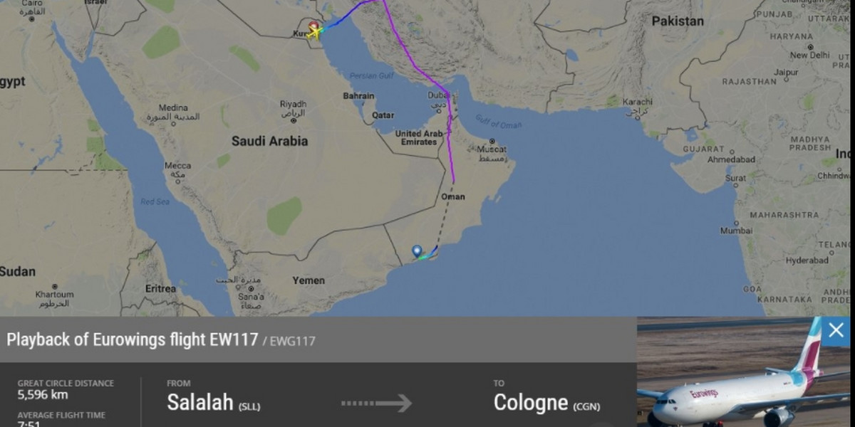 Awaryjne lądowanie samolotu Eurowings w Kuwejcie Flightradar