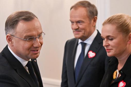 Donald Tusk i Barbara Nowacka podczas spotkania z prezydentem Andrzejem Dudą
