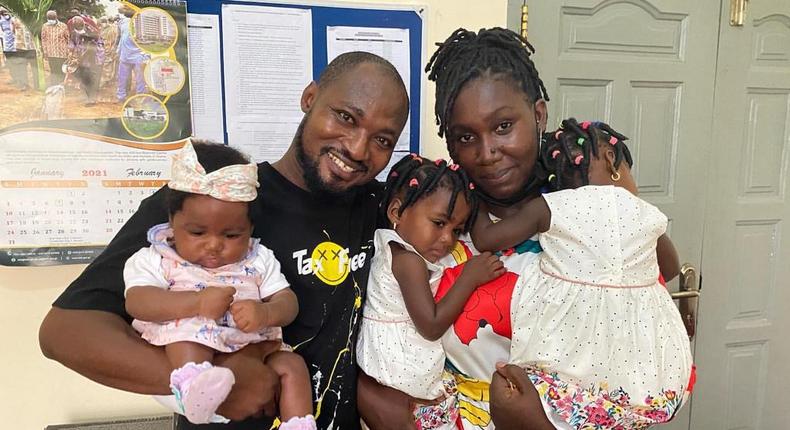 Funny Face's baby mama with his children pay him surprise visit