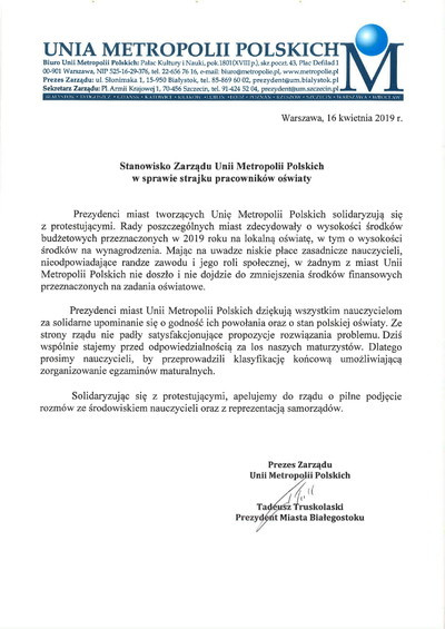 Stanowisko Unii Metropolii Polskich