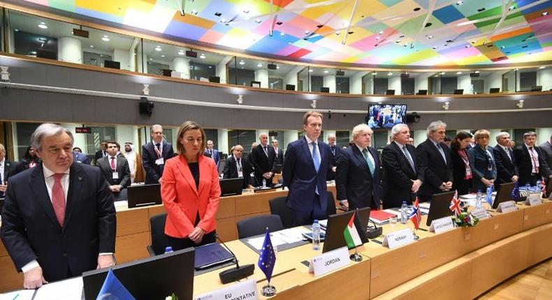 UN Secretary General Antonio Guterres (L) and EU foreign policy chief Federica Mogherini (2nd L) and international representatives are seen while attending an EU-Syria conference on supporting the future of the region in Brussels April 5, 2017