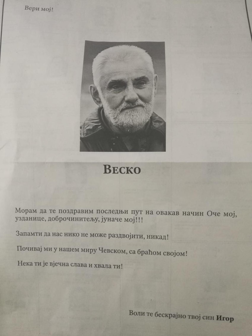 Čitulja za Veska Vukotića