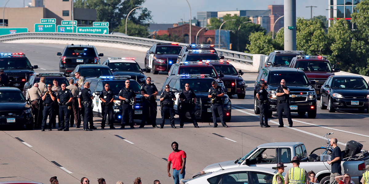 Protesters in Minneapolis blocking the southbound lane of Interstate 35W in protest of the killing of Philando Castile.