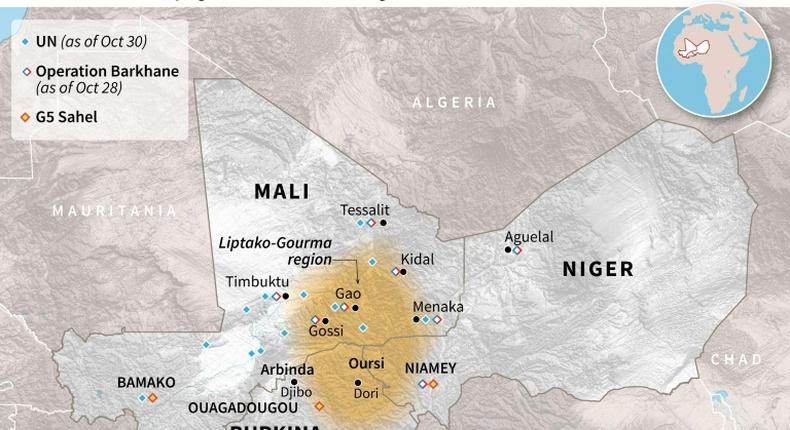 Map of Mali, Niger and Burkina Faso, locating the tri-border region where jihadist attacks have been intensifying