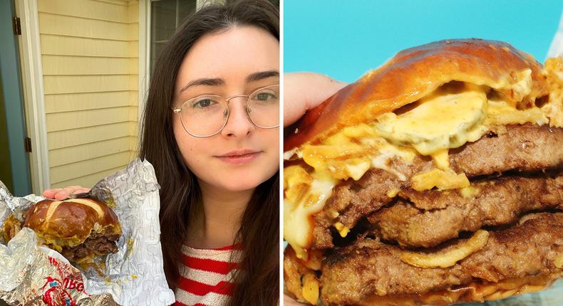 The author holding the Wendy's Pretzel Bacon Club triple burger.Erin McDowell/Insider