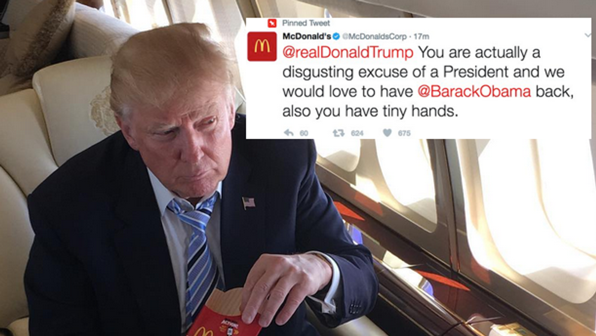 Wiadomość z profilu McDonald's umieszczona na zdjęciu Donalda Trumpa z jego oficjalnego profilu