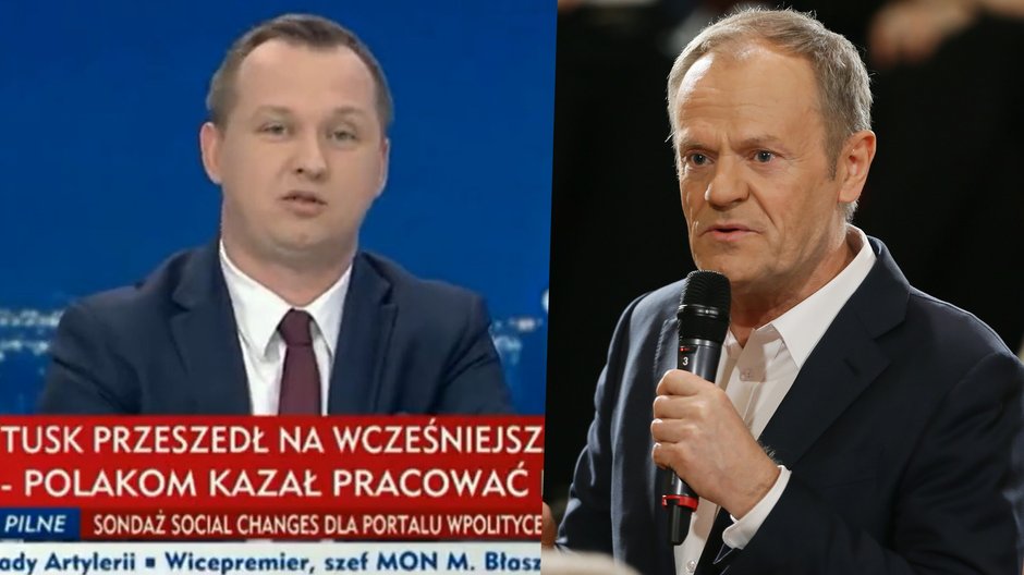 Poseł Mariusz Kałużny podczas wizyty w TVP Info i Donald Tusk w trakcie spotkania z wyborcami