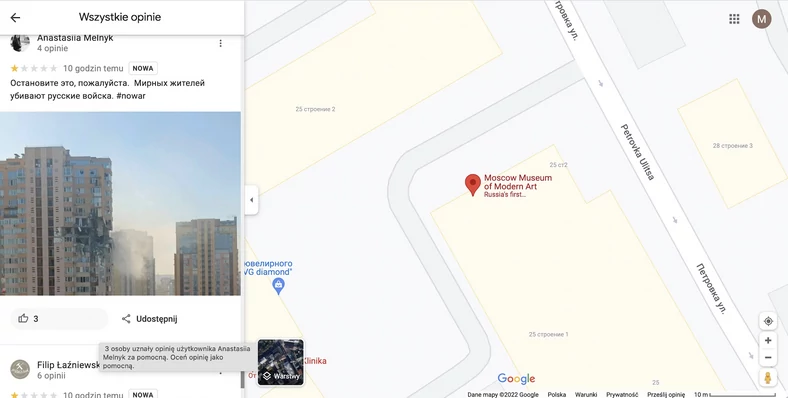 Informacja o wojnie na Google Maps